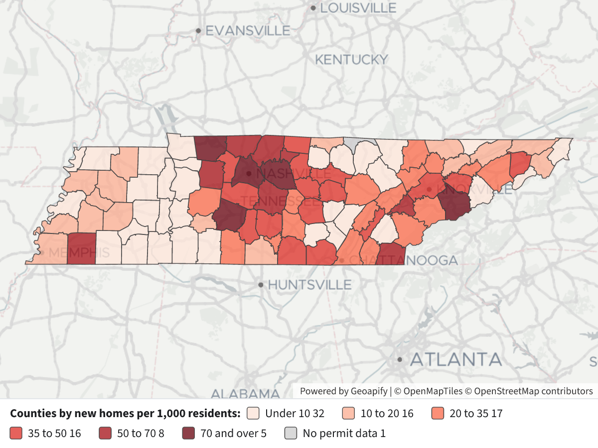 New housing units per 1,000 residents, 2020-2025